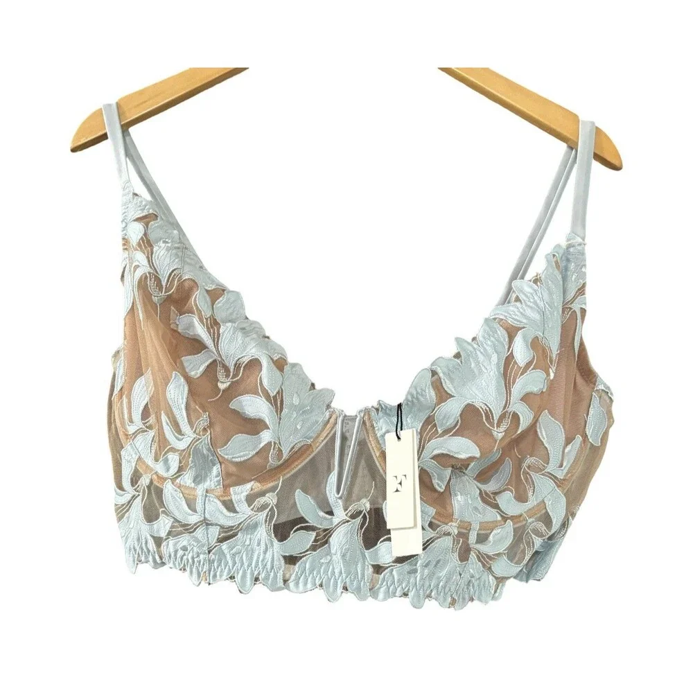 Fleur du Mal Lily Embroidered Sheer Mesh Coquette Silk Glacier Bra Size 42DD NWT - Picture 2 of 7